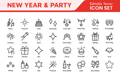 New Year & Celebration Icon Set. A festive collection of vibrant icons designed to enhance celebrations, perfect for party invitations, event promotions, and holiday-themed projects.