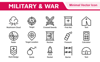 Military & War Icon Set. A powerful collection of icons representing defense and combat themes, perfect for enhancing educational materials, military websites, and historical projects.