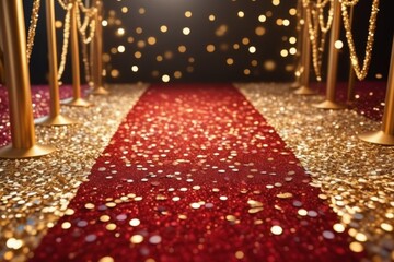 Red carpet with confetti for a glamorous event, symbolizing success, luxury, and celebration at a premiere