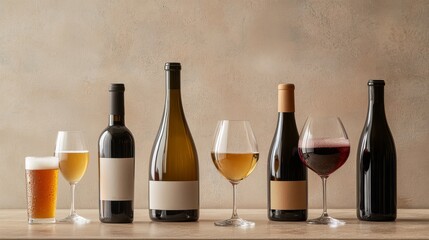 Set bottles and glasses, red and white wine, beer