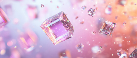 Abstract composition of crystal cubes and sparkling glitter in pastel colors