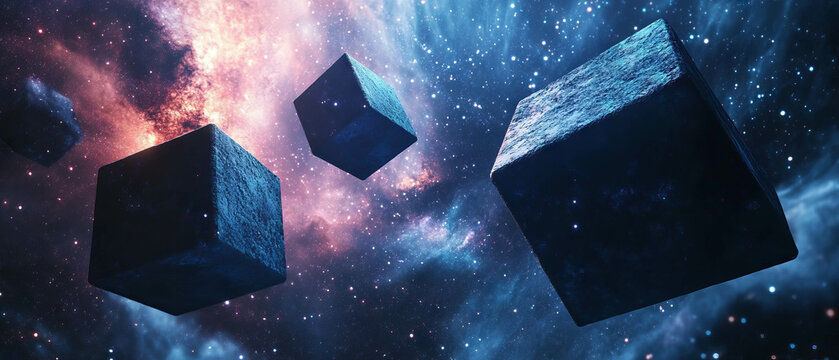 Floating cubes in a cosmic landscape surrounded by stars and galaxies