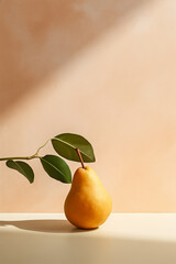A Fresh Golden Yellow Pear With Leaf Branch On White Counter Surface. Light Color Background, Natural Light and Shadow. Minimal Food Art Concept.
