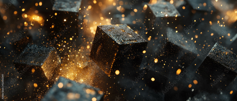 Fototapete Dynamic abstract cubes create fluid motion with glitter particles in virtual wind