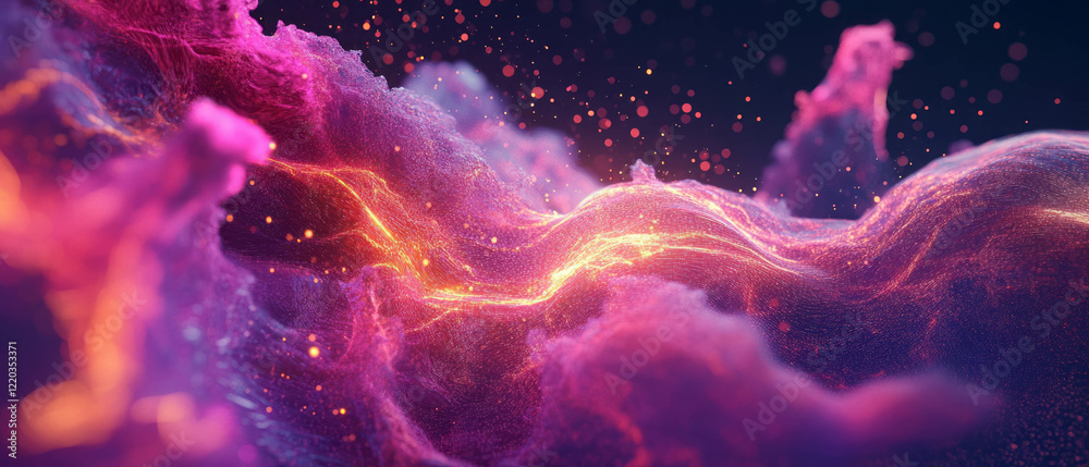 Poster exploring the vibrant landscape of abstract 3d data streams and flowing particles