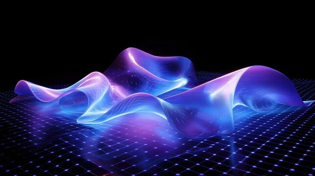 Futuristic abstract design with glowing blue and purple waves rendered in 3D, flowing over a pixelated grid
