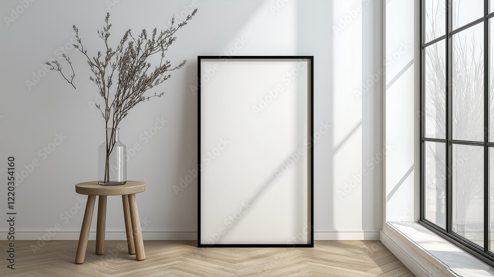Poster minimalist modern interior with a leaning rectangular canvas against a white wall, complemented by a