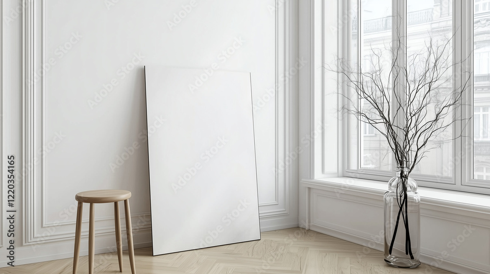 Poster minimalist modern interior with a leaning rectangular canvas against a white wall, complemented by a