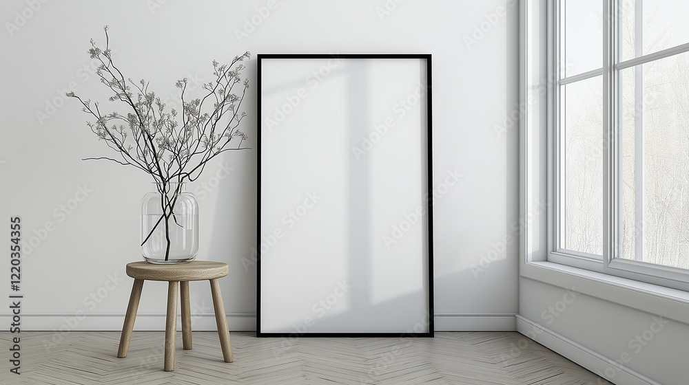 Poster minimalist modern interior with a leaning rectangular canvas against a white wall, complemented by a