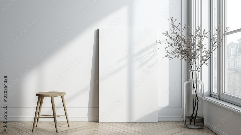 Poster minimalist modern interior with a leaning rectangular canvas against a white wall, complemented by a