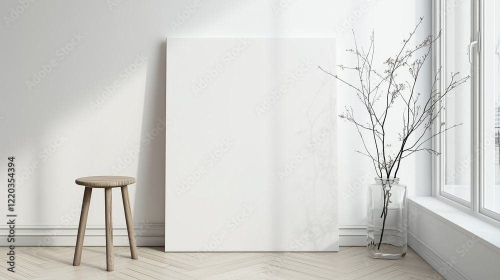 Poster minimalist modern interior with a leaning rectangular canvas against a white wall, complemented by a