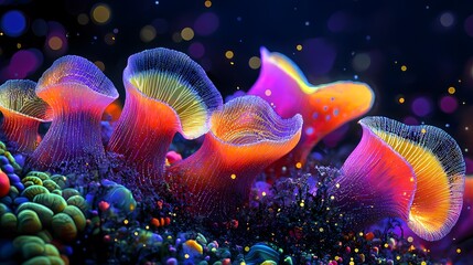 Obraz premium Vibrant coral reef glows, ocean depths, bioluminescence, underwater scene, digital art