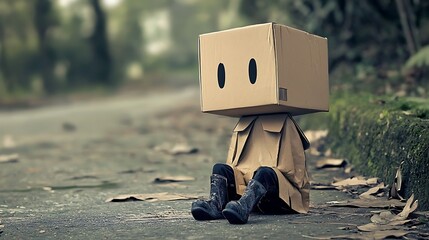 Naklejka premium A cardboard box with a face sits on the ground