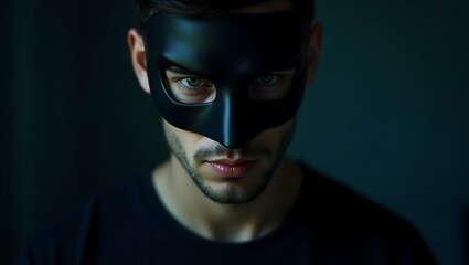 A man wearing a black mask creates an aura of mystery - symbol for disguise or secrecy - suitable for theatrical productions or high-end advertising