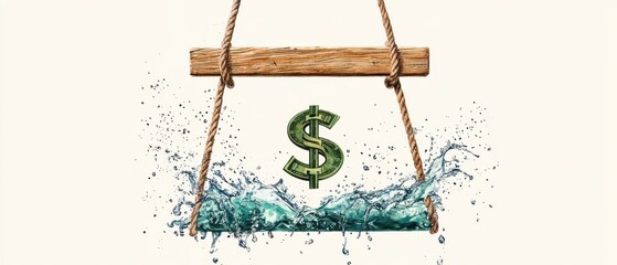 A wooden sign swings above splashing water, featuring a prominent green dollar symbol, symbolizing finance and commerce.