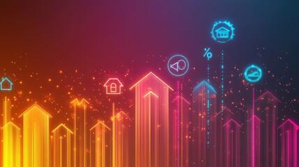 Glowing upward arrows with house icons and percentage signs on a subtle, professional gradient background