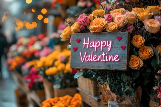 Flower Market Charm close-up of a handcrafted wooden sign with "Happy Valentine" glowing in soft pink neon, blurred background of a flower market brimming with vibrant blooms