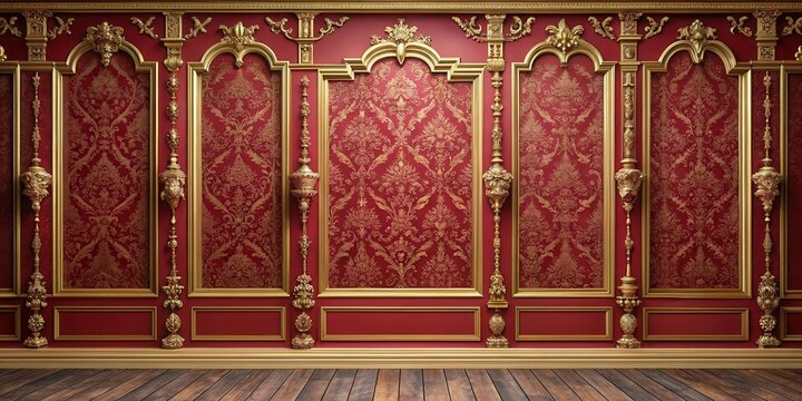 High-quality mock up interior wall with rich Victorian red color scheme and ornate pattern of gold leaf details, perfect for design or editorial use , victorian, design