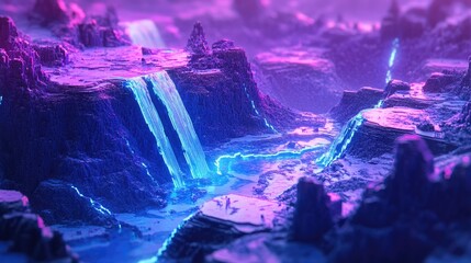 Fototapeta premium High-energy neon blue and purple 3D waves on a pixelated terrain grid, offering depth and a bold visual impact
