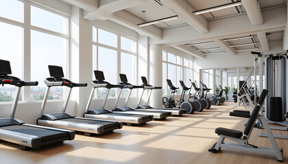 Modern gym interior with fitness equipment and natural light