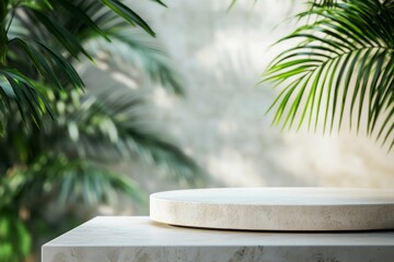 A close-up of an empty, flat stone pedestal on the right side of the frame against a blurred background with palm leaves. The white surface reflects light and adds depth to the scene. 