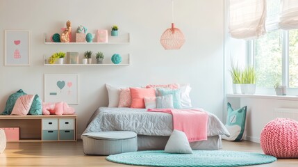 Modern girl teen bedroom interior cartoon vector. Kid bed and furniture in house with window background illustration design. Female teenager home scene with wardrobe, shelf and girly accessories