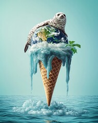 Seal Sitting on Ice Cream Cone with Earth and Melting Glacier