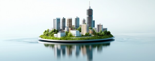 Fototapeta premium clean energy renewable policy concept. A modern cityscape on an island surrounded by water, showcasing buildings and greenery.