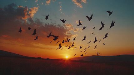 A flock of birds soars through a vibrant orange and pink sunset sky ,  The setting sun casts its golden light on the horizon, illuminating the landscape  background 