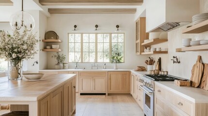 Light wood cabinetry and neutral finishes in a minimalist kitchen with subtle decor and an open, airy layout