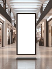 A mockup of an empty vertical blank billboard poster in the middle of a shopping mall, with a clean and minimal background and a blurred store entrance on both sides.
