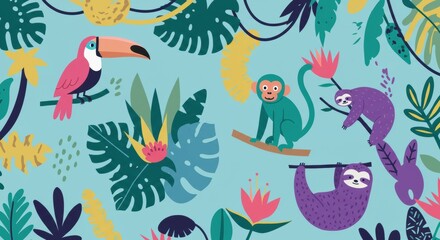 Fototapeta premium A whimsical jungle scene with exaggerated colorful plants and animals designed in a modern flat graphic style