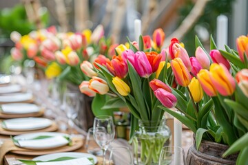 Colorful tulips arranged beautifully on a dining table for a spring celebration with elegant table settings featuring glassware and candles