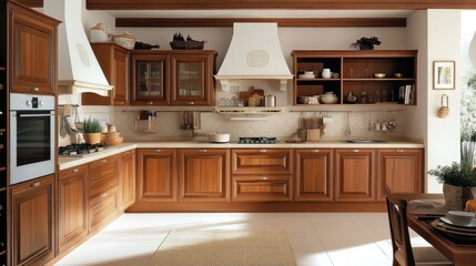 Fototapeta premium Light-toned kitchen with wooden cabinets, decorative open shelving, and an inviting, modern layout