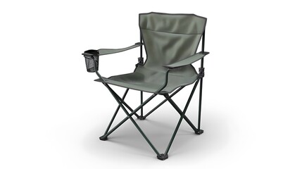 A foldable camping chair with a cup holder and sturdy frame, positioned on a white background.