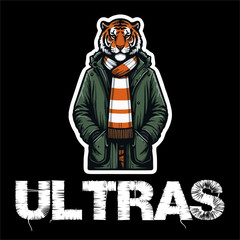 illustration vector graphic of Tiger Head being Football fans ultras hooligan casual wear parka jacket and wear football scarf design for logo, t-shirt, etc
