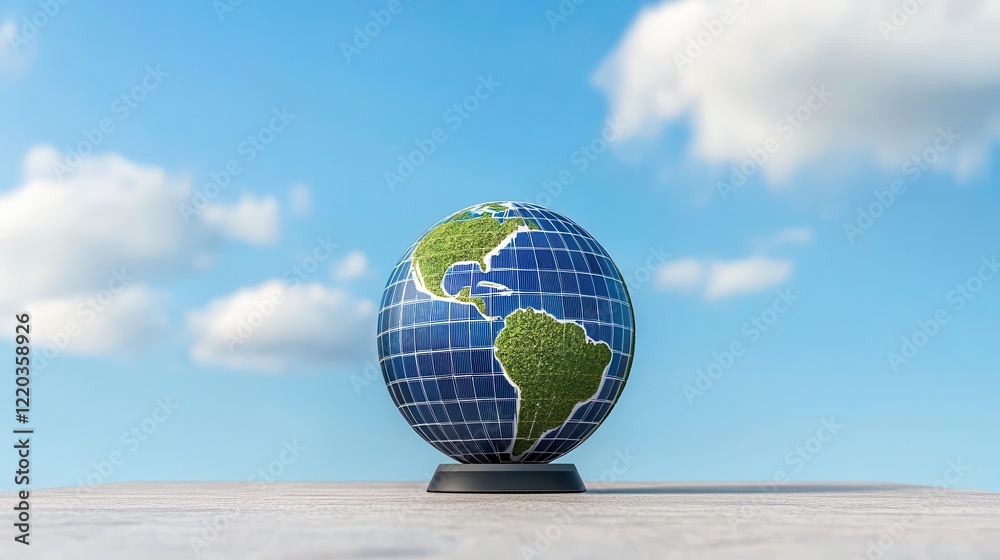 Poster clean energy renewable policy concept. a colorful globe on a stand against a clear blue sky and fluf