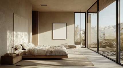 Minimalist bedroom with a blank poster on the wall, large floor-to-ceiling windows, and neutral-toned decor