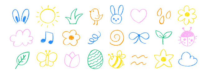 Set of elements of spring with crayon, chalk or pastel texture. Flower, butterfly, egg, bunny illustration painted by pastel or pencil. Color doodle vector illustration.
