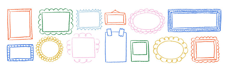 A set of different frames for pictures or photo with crayon, chalk or pastel texture. Color doodle vintage vector illustration on a white background.