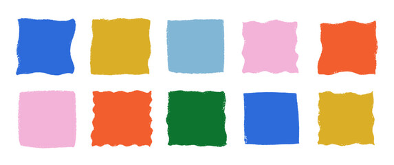 Set of hand drawn square frame boxes with crayon, pastel or chalk texture. Grunge doodle shapes. Color wave and curly vector illustration on a white background.