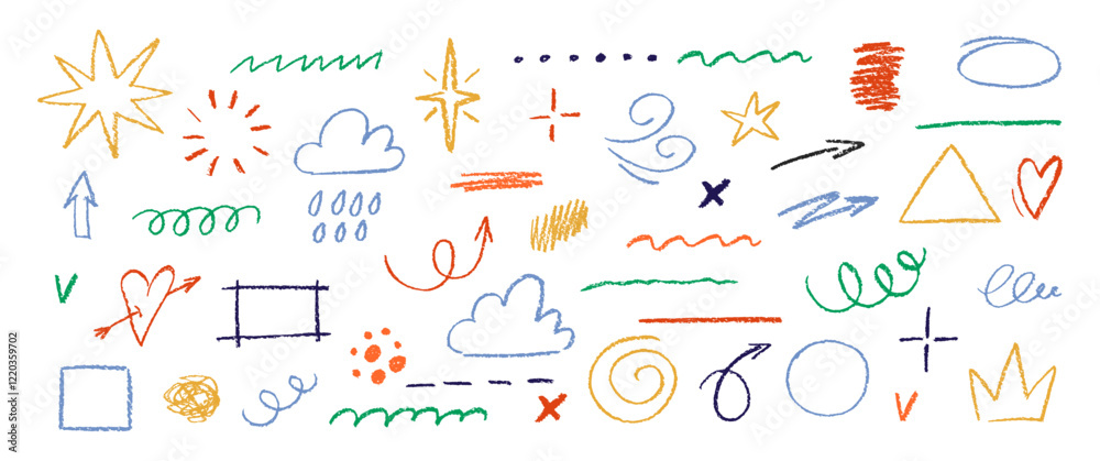 Fototapete set of doodle hand drawn elements for text with crayon or pastel texture. arrows, shapes and frames.
