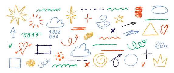 Set of doodle hand drawn elements for text with crayon or pastel texture. Arrows, shapes and frames. Chalk color vector illustration on the white background.