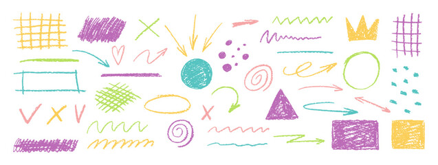 Crayon scribble arrow, underline and square. Grid, dots and waves with crayon texture. Color vector illustration on a white background.