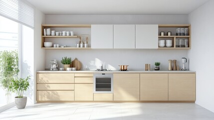 Minimalist kitchen with light wood cabinets, open shelving, and clean countertops in a bright, modern space