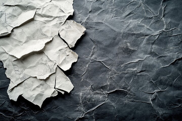Crumpled black paper with fine details of folds and creases, complemented by ripped edges, forming a grunge overlay texture 