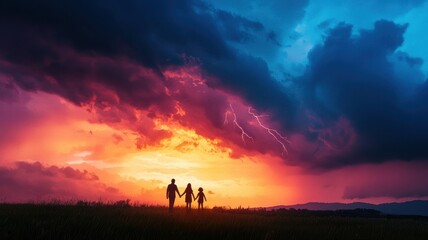 A silhouetted family walks hand-in-hand against a vibrant sunset with dramatic clouds, creating a serene and picturesque scene.