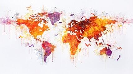 Obraz premium A colorful watercolor map of the world, showcasing continents in vibrant orange, purple, and yellow hues against a white background.