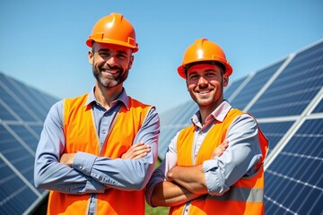 Two engineers wearing safety vests by solar panels at construction site