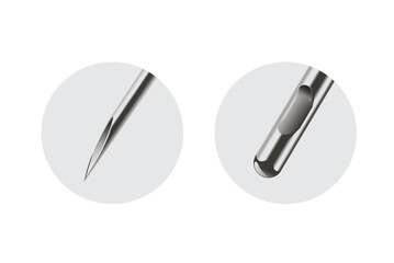 Tip of a Stainless Needle and Cannula tube in the gray circle. Part of medical equipment that difference kind. Aesthetic and doctor used to injection, piercing skin, cut tissue and treatment.